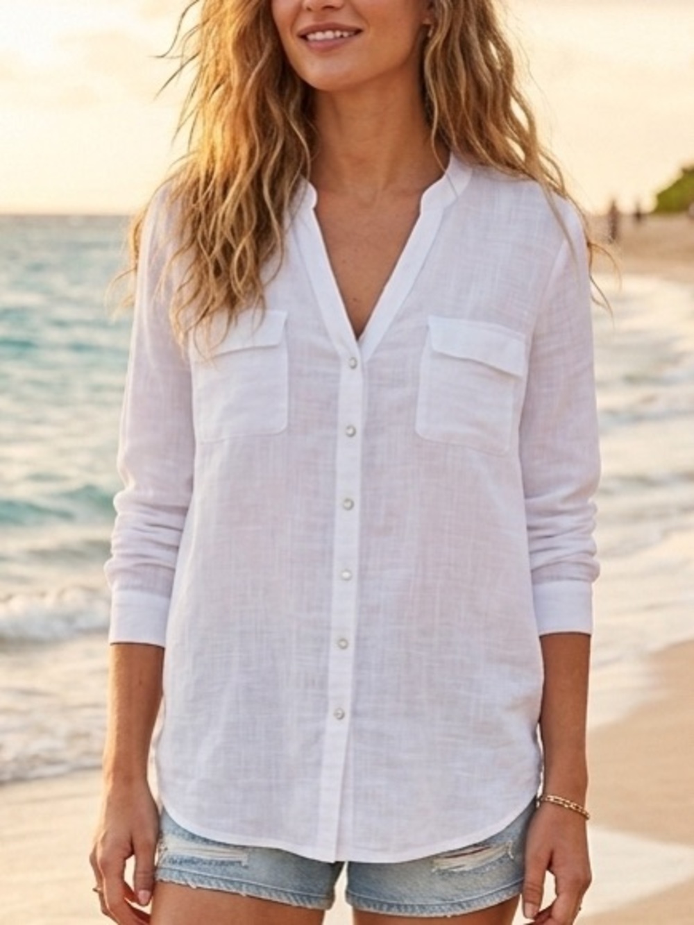 INC International Concepts White Linen Button-Up Blouse Rhinestone buttons